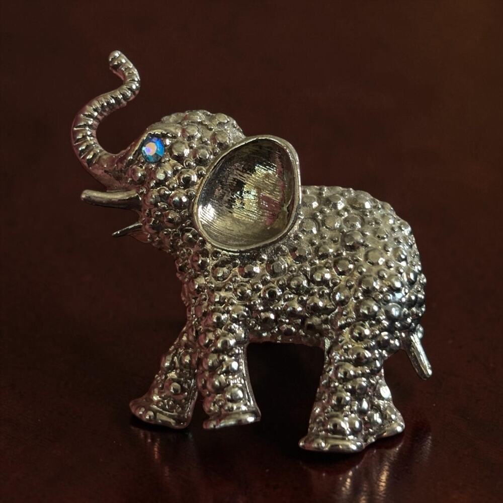 Chunky Jeweled Elephant Brooch Rainbow Eye Silver Tone Statement Vintage Pin